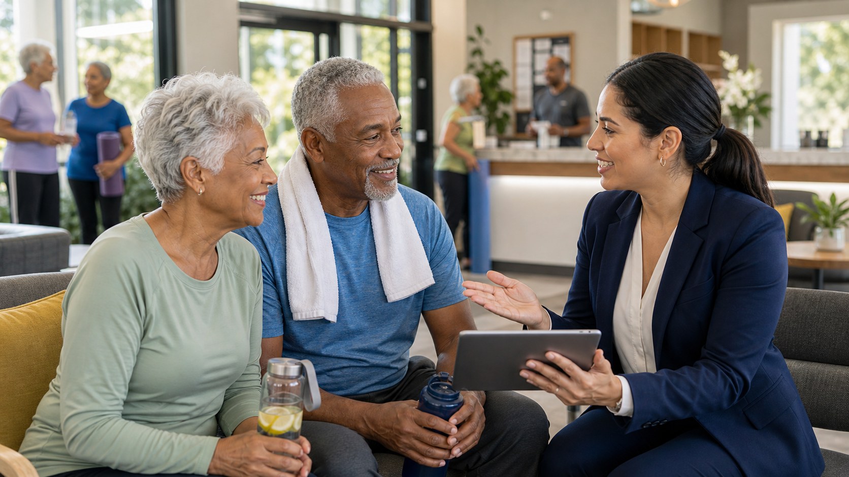 Active senior couple reviewing Medicare Advantage options