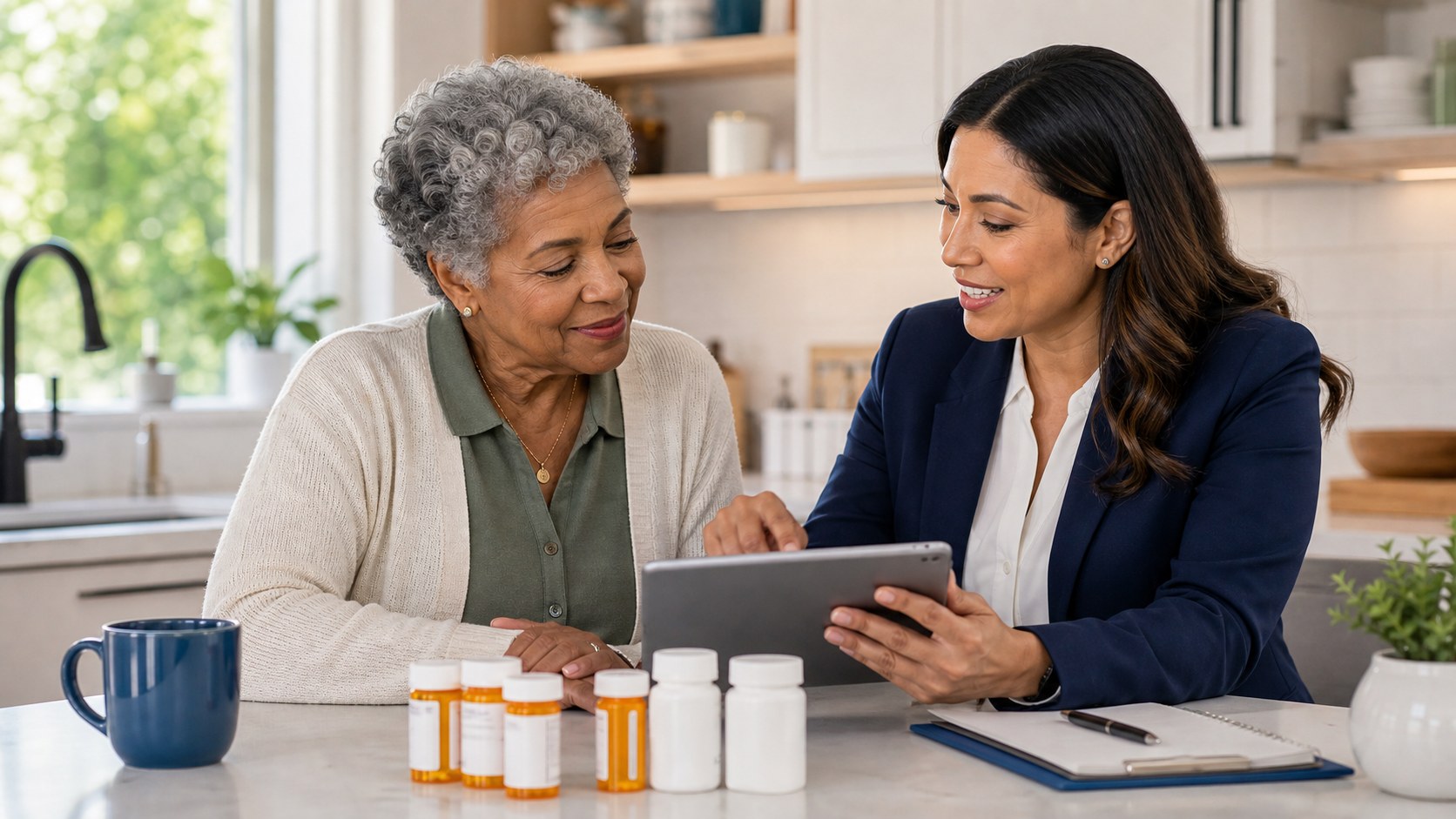 Senior couple reviewing Part D prescription drug coverage with advisor