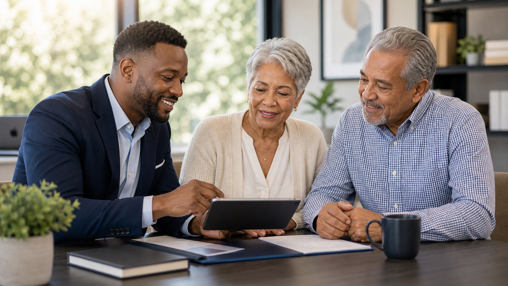 Black Medicare advisor helping a Hispanic senior couple review coverage options